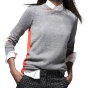J. Crew Gray Cashmere Mix Crewneck Sweater with Orange Accents and Elbow Patches